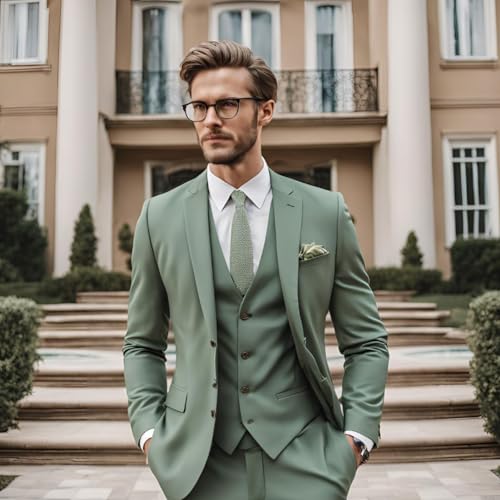 Generic Men's 3 Piece Slim fit Suit Sage Green Wedding 3pc Groom Dress Blazer Vest Pant Set2