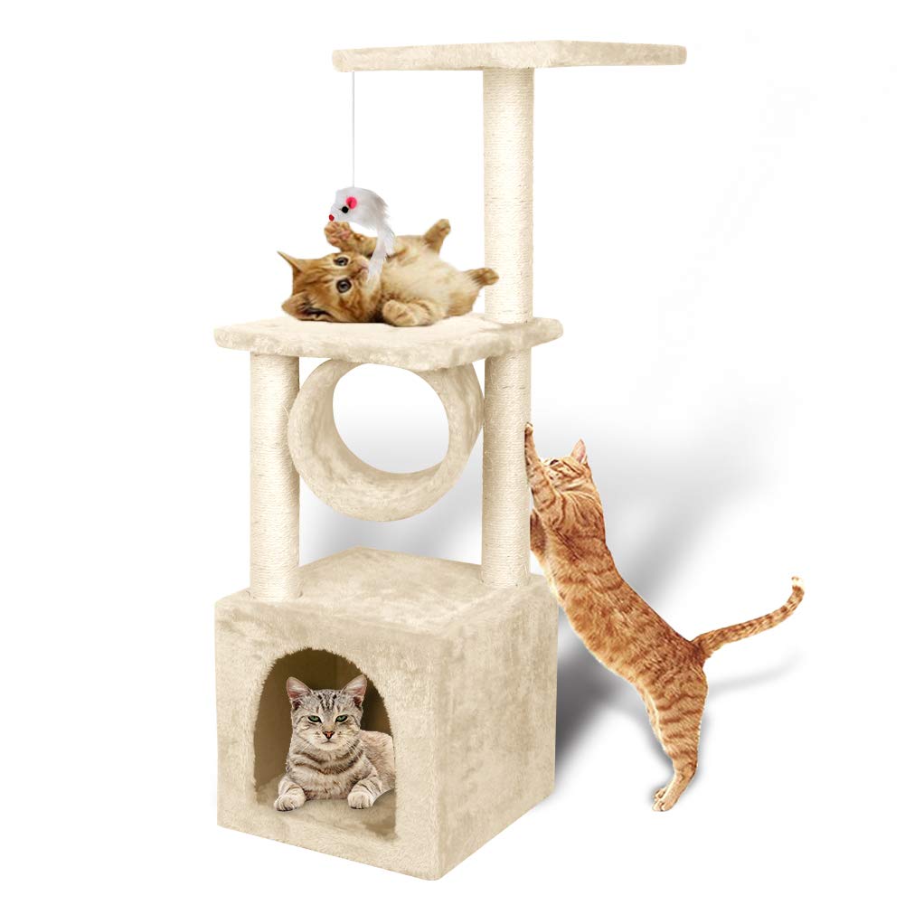 YOHOZ 36in Deluxe Cat Tree Climbing Tower Condo House | Cat Activity Tree with Sisal Scratching Posts for Kitten Activity Centre Playhouse, Pet Furniture Cat Tower | Padded Condo | Tunnel | Mouse Toy