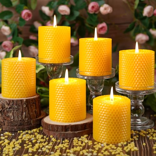 Image of Beeswax Pillar Candles,Non-Toxic Honeycomb Bees Wax Candle for Home,Yellow | 2.8x3 inch,6 Pack,144 H long clean Burning,100% Pure,natural unscented, smokeless,candle for home, emergency, prayer, dinner