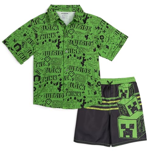 Minecraft Creeper Little Boys Button Down Shirt and Swim Trunks UPF 50+ Outfit Set Logo Green/Black 7-8