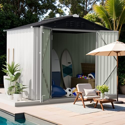 Image of GUNJI 8 x 6 FT Shed Outdoor Storage Shed Metal Garden Shed with Lockable Door Outside Waterproof Tool Shed for Backyard, Patio, Lawn (White)
