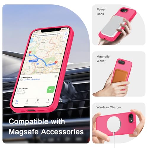 Image of YENAPOON for iPhone 17e Case, iPhone 16e Case, Matte Magnetic Phone Cover [with 1 Screen Protector] [Support for MagSafe] [Shockproof Military Grade Protection] Translucent Frosted Back, Hot Pink