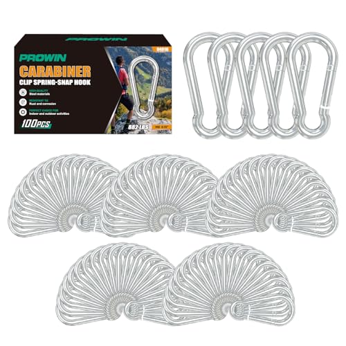 Prowin 100-PK M8 Galvanized Spring Snap Carabiners 3.15 in 882 LB Capacity