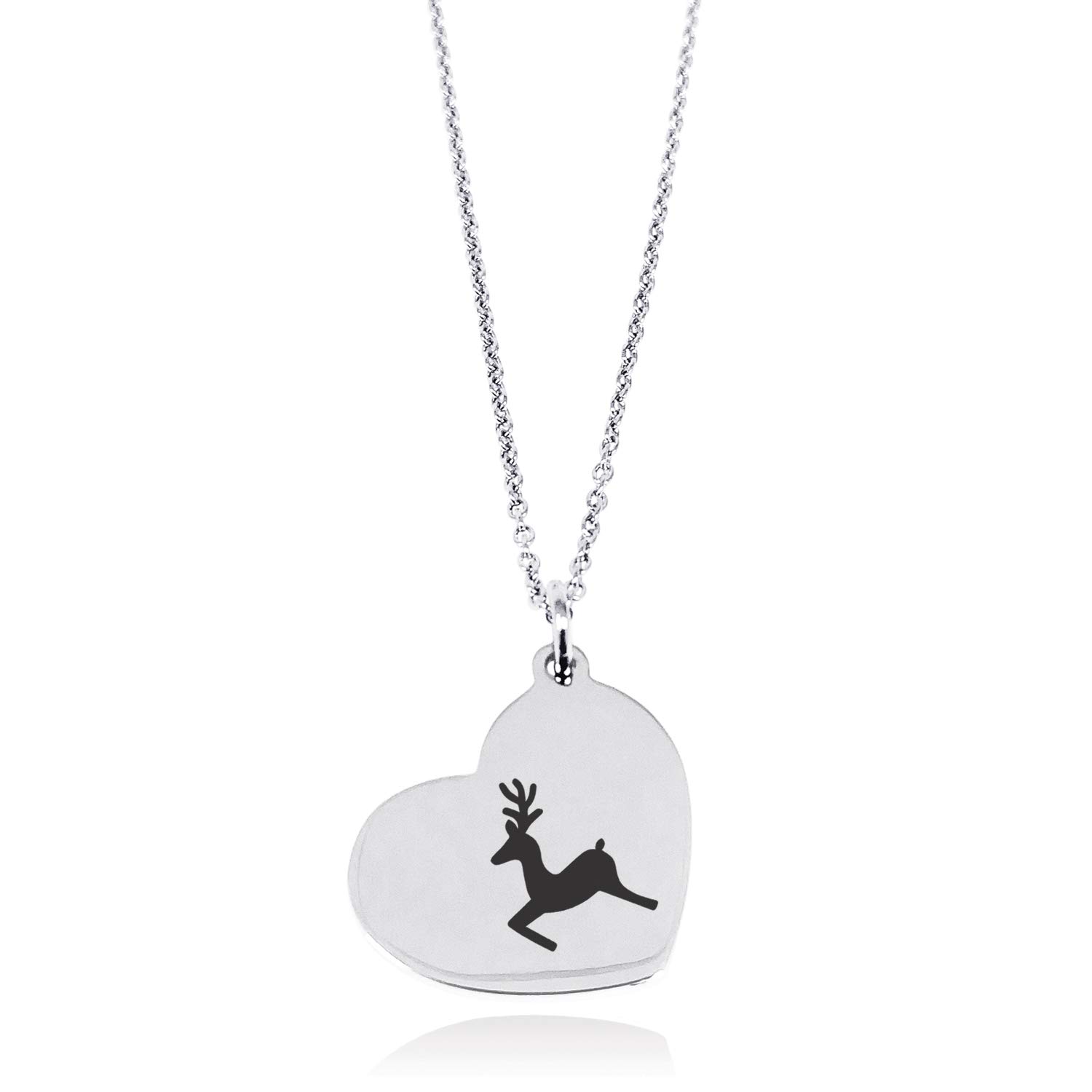 Stainless Steel Festive Jumping Reindeer Floating Heart Tag Charm Pendant Necklace