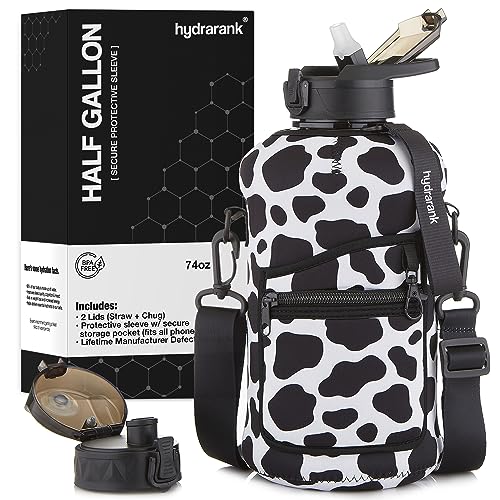 Image of HYDRARANK Half Gallon Water Bottle with Sleeve - BPA Free Gym Water Bottle with Straw and Spout Lid - Leak Proof - Reusable Large Water Jug with Strap, Handle for Daily Hydration (74 ounce)
