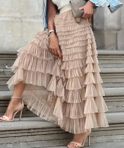 SOMTHRON Women's Tiered Tulle Maxi Long Skirts A Line Layered Ruffle High Waisted Prom Party Mesh Tutu Skirt4
