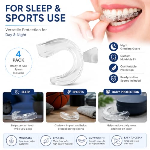 Image of 4Pcs Medical-Grade Silicone Night Guard for Teeth Grinding and Bruxism, Transparent Dental Guard for Sleep, Sports and Custom Fit Protection, Reusable Mouth Guard