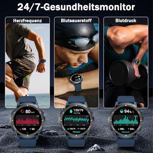 Smartwatch Herren mit Telefonfunktion, 1,43 Zoll Militär Smart Watch mit 24/7 Herzfrequenz/Schlafüberwachung/SpO2/Schrittzähler, 120+ Sportmodi Wasserdicht Fitnessuhr für Android iOS – Bild 6