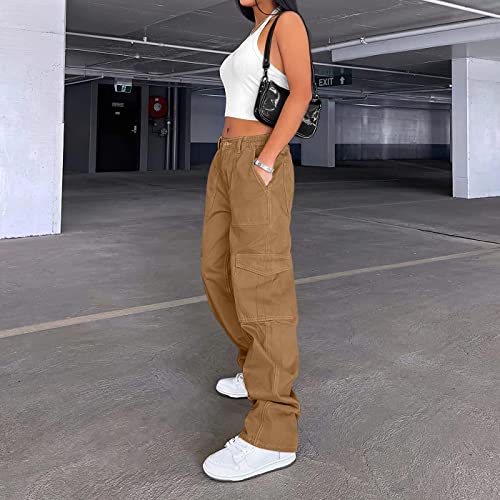 Image of Lepunuo Cargo Pants for Women High Waisted Casual Pants Baggy Stretchy Wide Leg Y2K Streetwear with 6 Pockets