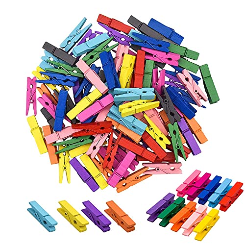 100PCS Wooden Photo Clips, Wooden Coloured Clips, Natural Wooden Photo Pegs, Clothespins Photo Paper Peg, Wooden Mini Clothes Pegs, Colored Mini Wooden Pegs, for Hanging Photos DIY Craft Decoration