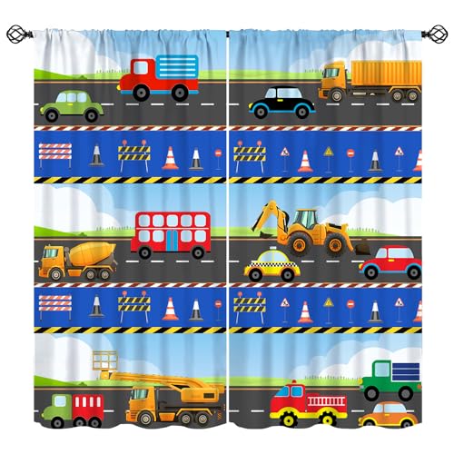 SHElifestyle Kids Construction Truck Curtains, Road Tractor Excavator Window Treatments Cartoon Cars Bus Transportation Window Drapes for Teens Boys Girls Bedroom Living Room W42 X L45, Racing-4