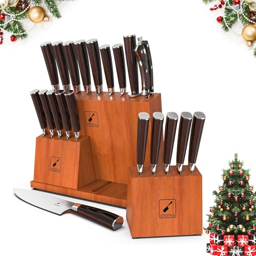 imarku Knife Set, 20-Pieces Premium Kitchen Knife, Japanese High Carbon Steel Knife Set with Block and 2 Pull-away Steak Knife Block Set, Best Gifts Brown and Silver 20 Pieces