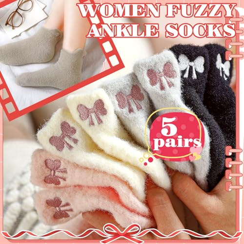 5 Pair Women Bow Fuzzy Socks Stuff Coquette Pink Cozy Fluffy Ankle Slipper Socks for Women Girls Preppy Stuff3