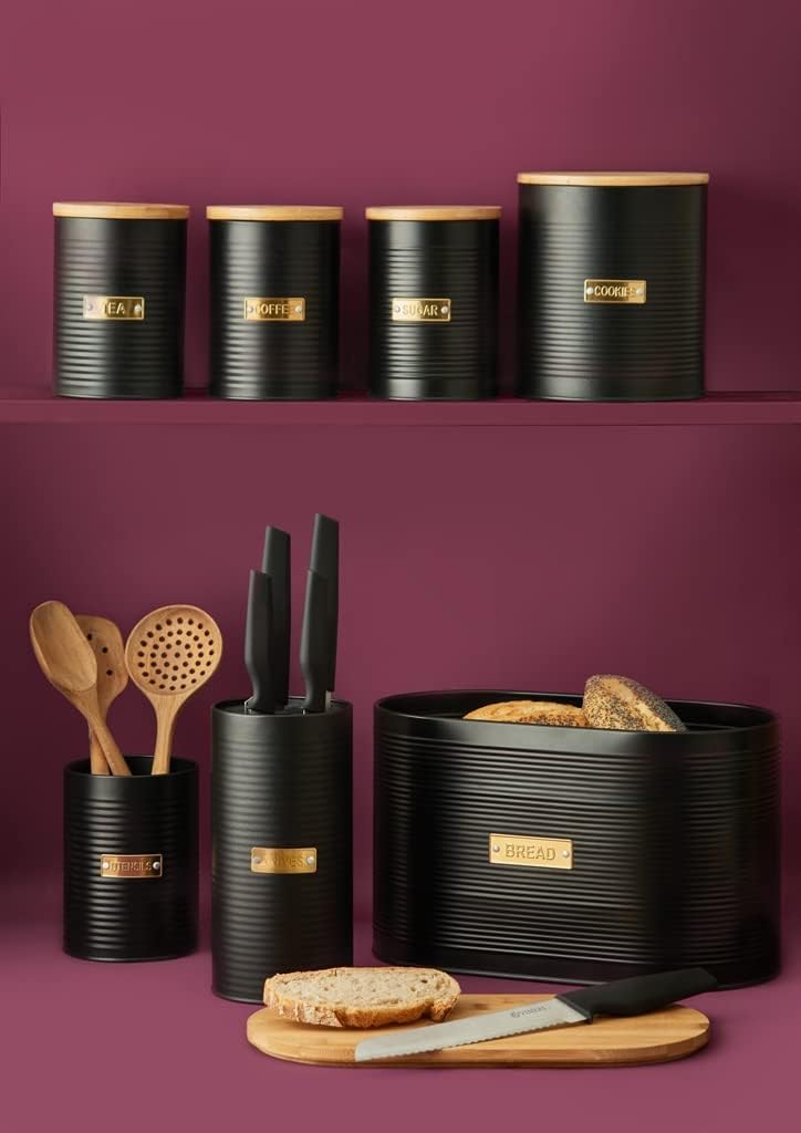 Typhoon Living Otto Bread Bin with Bamboo Lid, Matte Black/Gold