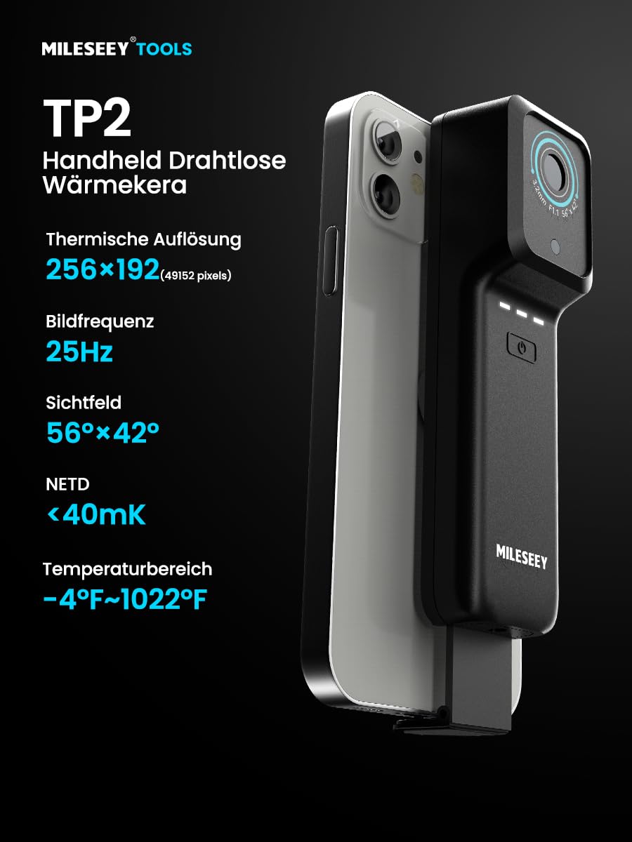 MiLESEEY TP2 Wärmebildkamera für Smartphones, Wärmebildkamera mit 256 x 192 IR-Auflösung für iOS und Android, -4 °F ~ 1022 °F Temperaturbereich, 40 Mk Thermische Empfindlichkeit