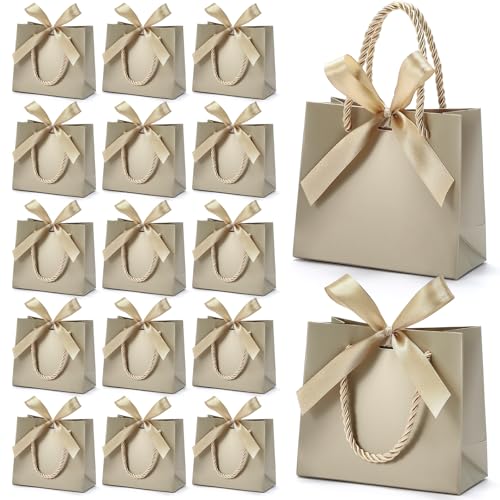 EQOREIIN 24 PCS Small Gift Bags with Handles Champagne Mini Bag 5.5x 2.5x4.7 Inches Small Thank You Gift Bags Bulk with Ribbon for Party Favors Mothers Day Goodie Weddings Baby Shower(Champagne)