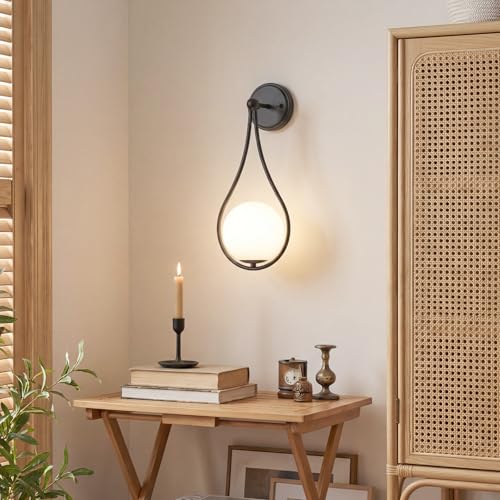 Image of Mid-Century Wall Sconces Set of 2 Black | Modern Globe Wall Lighting Indoor Hardwired Wall Lights for Hallway Office Porch Bedroom Living Room Stairway