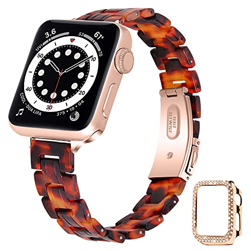 HAYUL Slim Resin Band Compatible with Apple Watch 38mm 40mm 42mm 44mm, Thin Wristband Replacement for iWatch SE Series 7 6 5 4 3 2 1 for Women Girls, with Bling Protector Case (Tortoise-tone, 40mm)