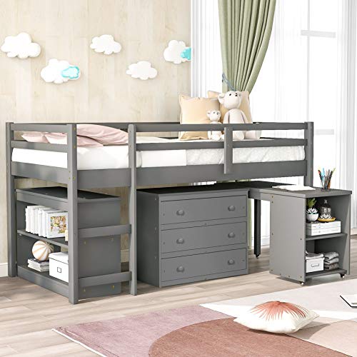 Merax Solid Wood Twin-Size Low Loft Bed Frame with Ladder for Kids Bunk, Cabinet + Desk, Gray
