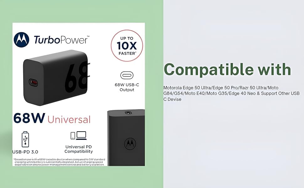 Image of Motorola Original 68W Turbo Power Charger Adapter Compatible with Motorola Edge 60 Fusion /Edge 50 Fusion /Edge 50 Ultra /50 Pro /Razr 50 Ultra /Nothing Phone 2A /3A /2| PD & QC 3.0