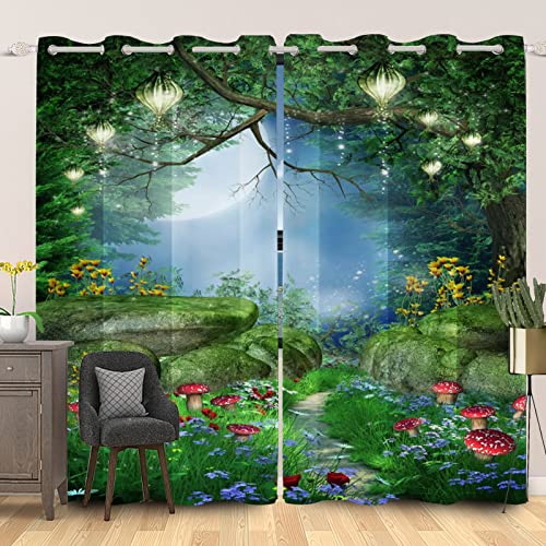 SDOTPMT 117x138cm Magic Forest Window Curtains Fairytale Mushroom Lantern Green Grass Window Drapes Flower Jungle Natural Window Treatment for Kids Living Room Bedroom Blackout Curtain