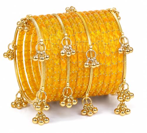 Image of JPS 16 Pcs Trendy Stylish Glass & Kashmiri Ghungroo Bangles Set for Women & Girls | Gold-Plated Traditional Festive Wedding Party Jewellery Chudi Set (12 Glass + 4 Metal)