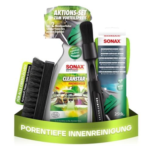 SONAX CleanStar (750ml) Innenraumreiniger Auto + Bürste + chemicalworkz Pinsel + Sonax Mikrofasertücher (2 Stk.)