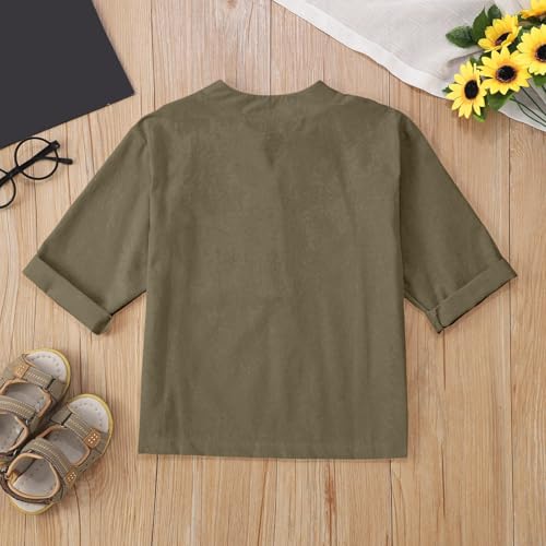 Girls Cotton Linen Shirt Short Sleeve Dressy Casual 𝗛enley V Neck Tunic Blouse Button Down Shirt Uniform Preppy Tops2