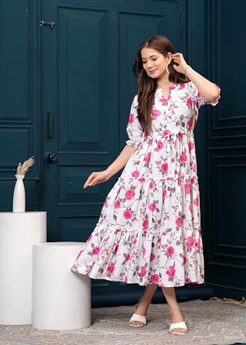 Image of Monique Brand Women's /Girls Cotton Kurta for Women Floral Printed Regular Fit Anarkali Kurta ||Floral Flared Western Dress