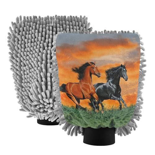 Flradish 2 Pack Running Herds of Horses Car Wash Mitt Chenille Microfiber Lint-Free Scratch Free Ultra-Soft Absorbent Car Wash Mitt 10.2x7.09 Inch