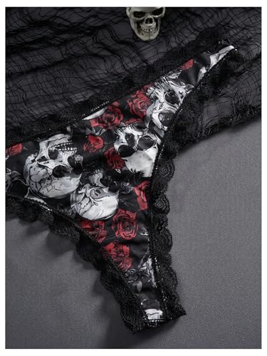 SOLY HUX Women's Gothic Lace Trim Thongs 3 Packs Funny Printed Panties Sexy Underwear3