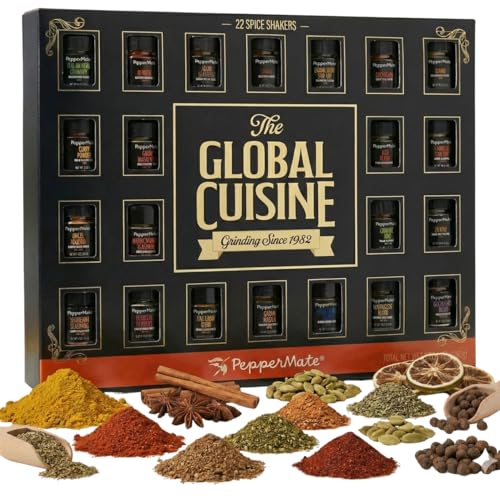 Spice Gift Set with 22 Gourmet Exotic Seasonings from Around the World – Italian, Indian, Mexican, Moroccan & More – Non-GMO, MSG-Free, All-Natural, Small Batch Herb & Spice Cooking Gifts - PepperMate