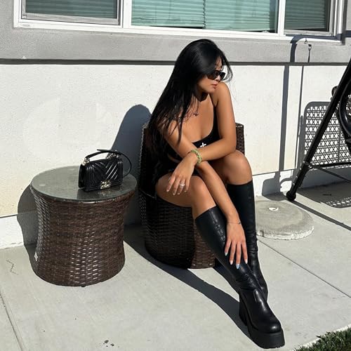 Knee High Boots Women Black Boots For Women Platform Chunky Heel Elastic Combat Boots Women Round Toe Fashion Motorcycle Punk Goth Boots4