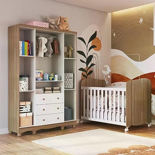 Conjunto Quarto de Bebê Completo com Berço Americano e Guarda Roupa 4 Portas com Janelas Mimo Espres