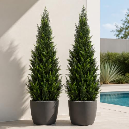 Image of Artificial Cedar Topiary Trees, 4 FT UV Resistant Faux Boxwood Plants,Front Porch Decorations Outdoor,Realistic Evergreen Cypress for Patio Decor Set of 2