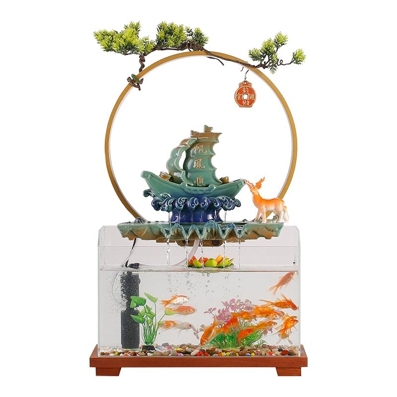 Fuente de Cascada, Fuente de Escritorio con Anillo de luz, Adornos para pecera, Decoraciones de Escritorio para Sala de Estar, hogar y Oficina