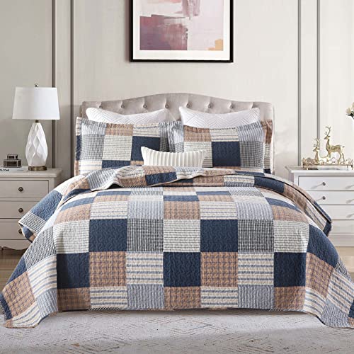Image of Finlonte Quilt King Size - 100% Cotton King Size Comforter Set Navy Brown White Plaid Farmhouse Quilt Bedding Set, Reversible Lightweight Soft Bedspread, Quilted Coverlet All-Season, 3-Piece