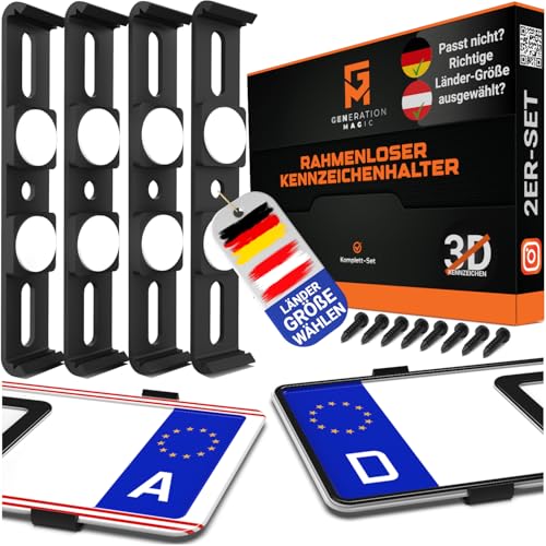GENMAG® Kennzeichenhalter Rahmenlos [Legal & Universal] Nummernschildhalterung Auto | Rahmenlose Kennzeichenhalter für Autos | Kennzeichenhalterung Rahmenlos | Nummernschildhalter für 2 Kennzeichen