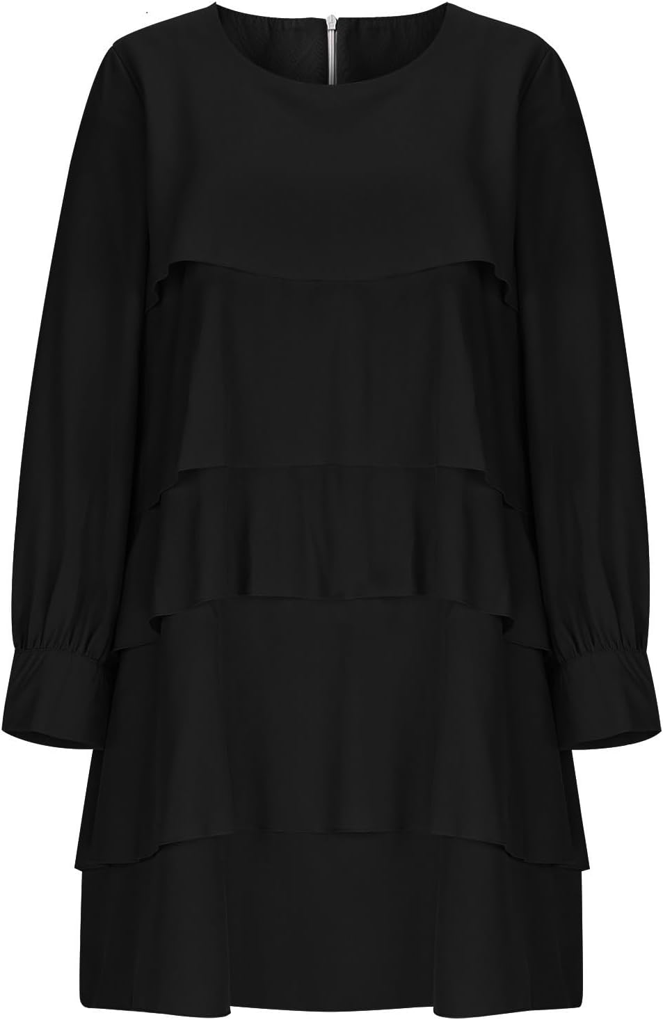 Women's Long Sleeve Crew Neck Ruffle Tiered Layered Chiffon Flowy Swing Long Midi Dress Casual Solid Color Dresses