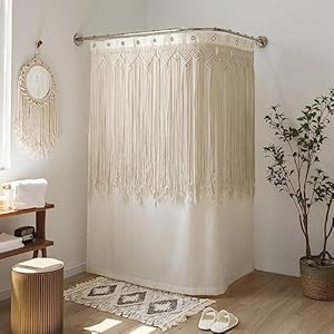 MAIHER Boho Shower Curtain for Bathroom, Heavy Waterproof 72″ Macrame Shower Curtains, Hand Braided Vintage Cotton Macrame Bath Curtain Set (72” W x 72” H, Beige)