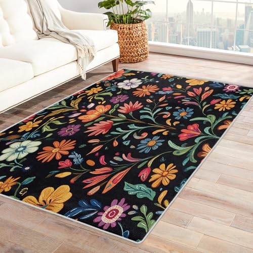 Tapete decorativo floral boho lavable 7x8 negro