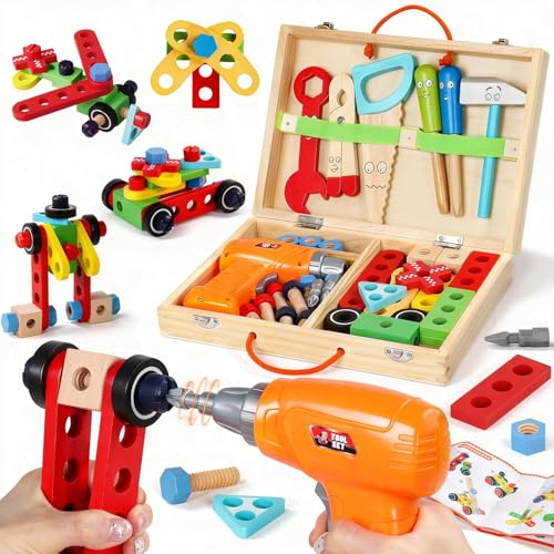 Juguetes Niños 3 Años Regalo Niño Niña 3 4 Años, Madera Caja Herramientas Juguete con Taladro Eléctrico, Juguetes Montessori Juegos Educativos Niños Niñas 3 4 Años (44 Piezas)