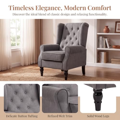 Image of Tufted Wingback Accent Manual Single Lounge Recliner Chair, Gray | Tufted Wingback Accent Chair, Upholstered Single Lounge Chair with Solid Wood Legs