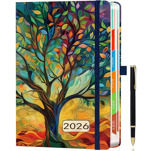 HwxBen Day by Day 2026 A5 Tageskalender – 1 Tag pro Seite – Tagesplaner, Terminkalender, Buchkalender, Jahresplaner von Januar bis Dezember, mit bunten Monats-Tabs, inklusive Stift.