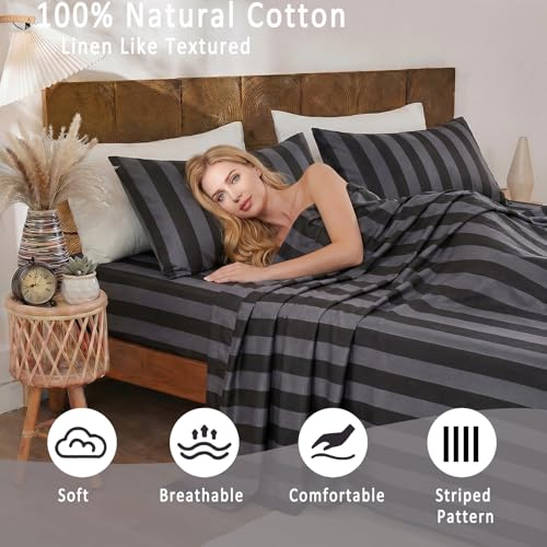Image of Merryword 100% Cotton Sheet Set Full Size - Black and Gray Stripes Bedding, Soft Breathable Percale Weave, Wide Stripe Deep Pocket Sheet 17.5 inch, Luxury Linen Like, 4-Piece All Season Bedding