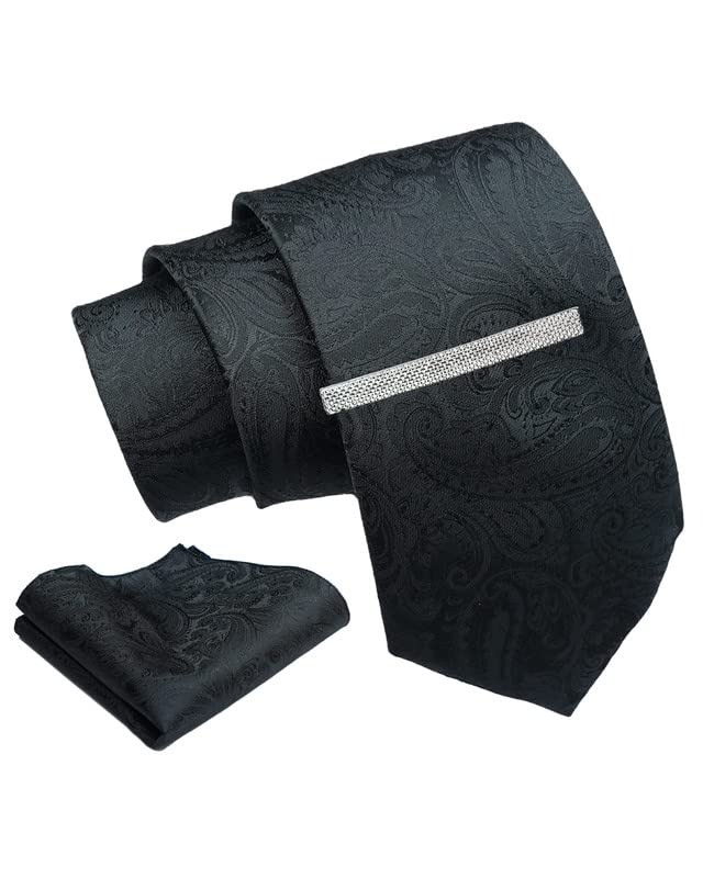 Axlon Tie for Men – Self Silk Neck Ties Set with Cufflinks Flower Pin, Pocket Square & Black Gift Box, Combo Necktie Sets for Office Wear, Formal Suits & Weddings (Black, AXNW8)