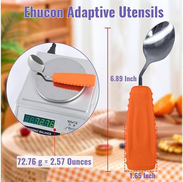 Image of Adaptive Utensils Angled Spoon and Fork for Hand Tremors Parkinsons,Weighted Utensils with Non-Slip Easy Grip Handles for Independent Eating (1pcs Spoon+1pcs Fork=2 pcs,Orange,Left Hand)