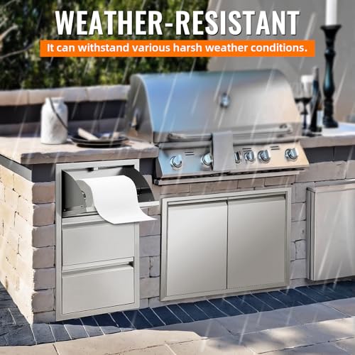 Image of 15 inch W x 26 inch H x 22 inch D Inch Outdoor Kitchen Stainless Steel Triple Access Drawers with Paper Towel Holder Combo for Outdoor Kitchen Island or Grill Station