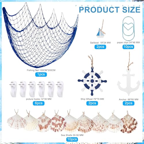 YSDMY Decorative Fishing Net 1M*2M with Sea Shells, Nautical Ornaments for Home Bedroom Decor Mediterranean Party, Blue - Image 2