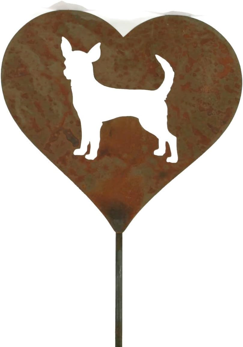 Pet Dog, Cat, Rabbit or Bird Keepsake Memorial Heart Garden Stake 20 to 28 Inches Tall (Small Heart, 21" Tall, Chihuahua, Naturally Rusted)